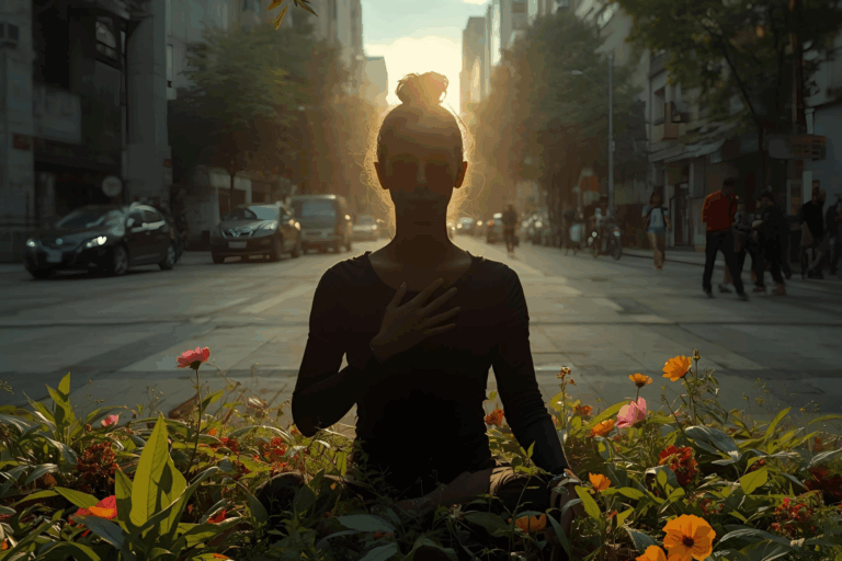 Emociones y sistema inmune: mujer meditando en entorno urbano, mano en corazón y plexo solar; contraste calma/ciudad.