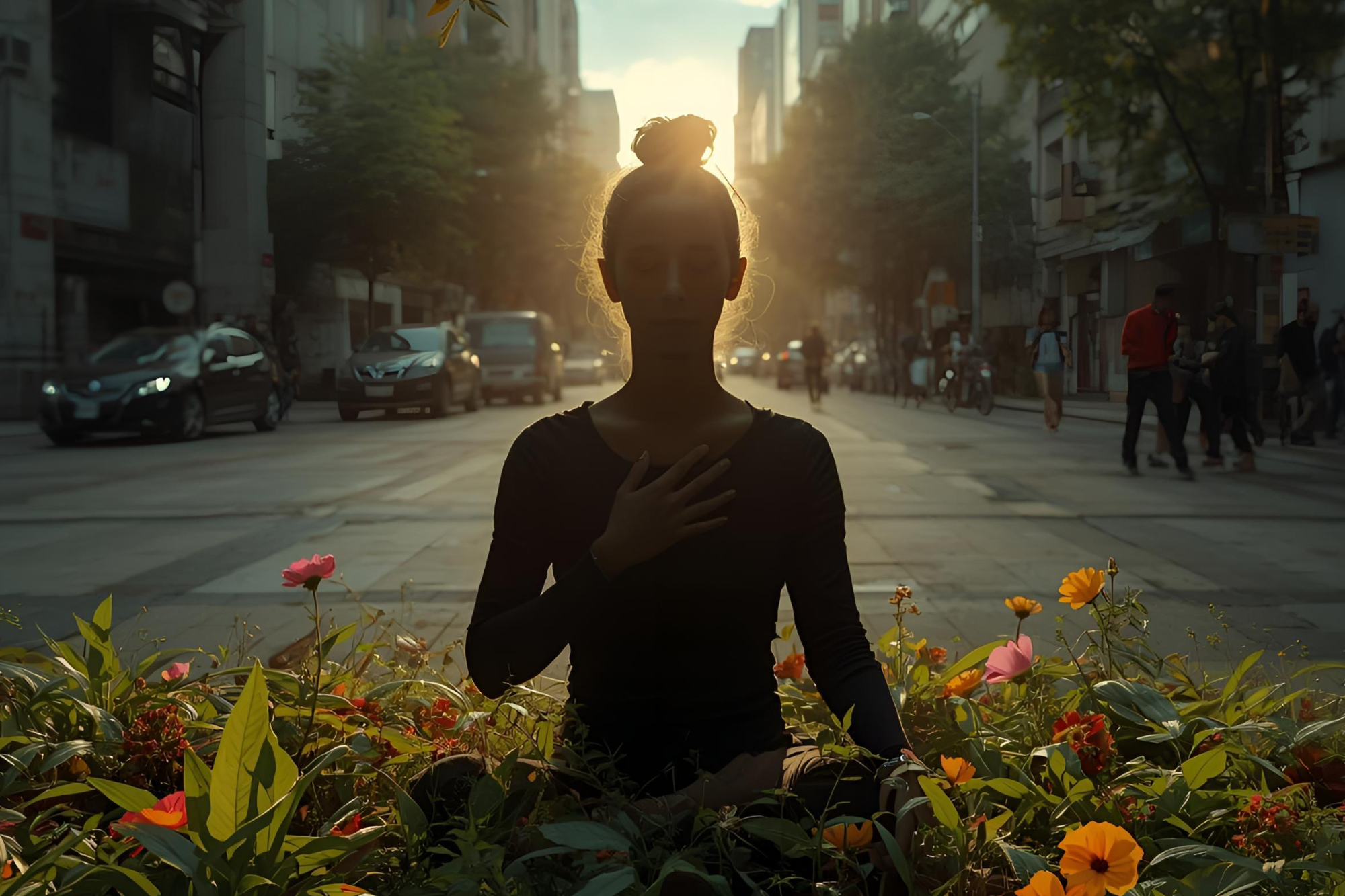Emociones y sistema inmune: mujer meditando en entorno urbano, mano en corazón y plexo solar; contraste calma/ciudad.