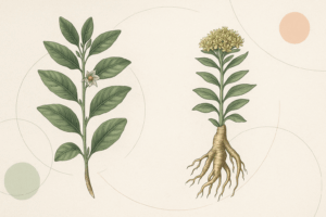 Ilustración botánica de ashwagandha y rhodiola para un uso de adaptógenos con cabeza y seguro
