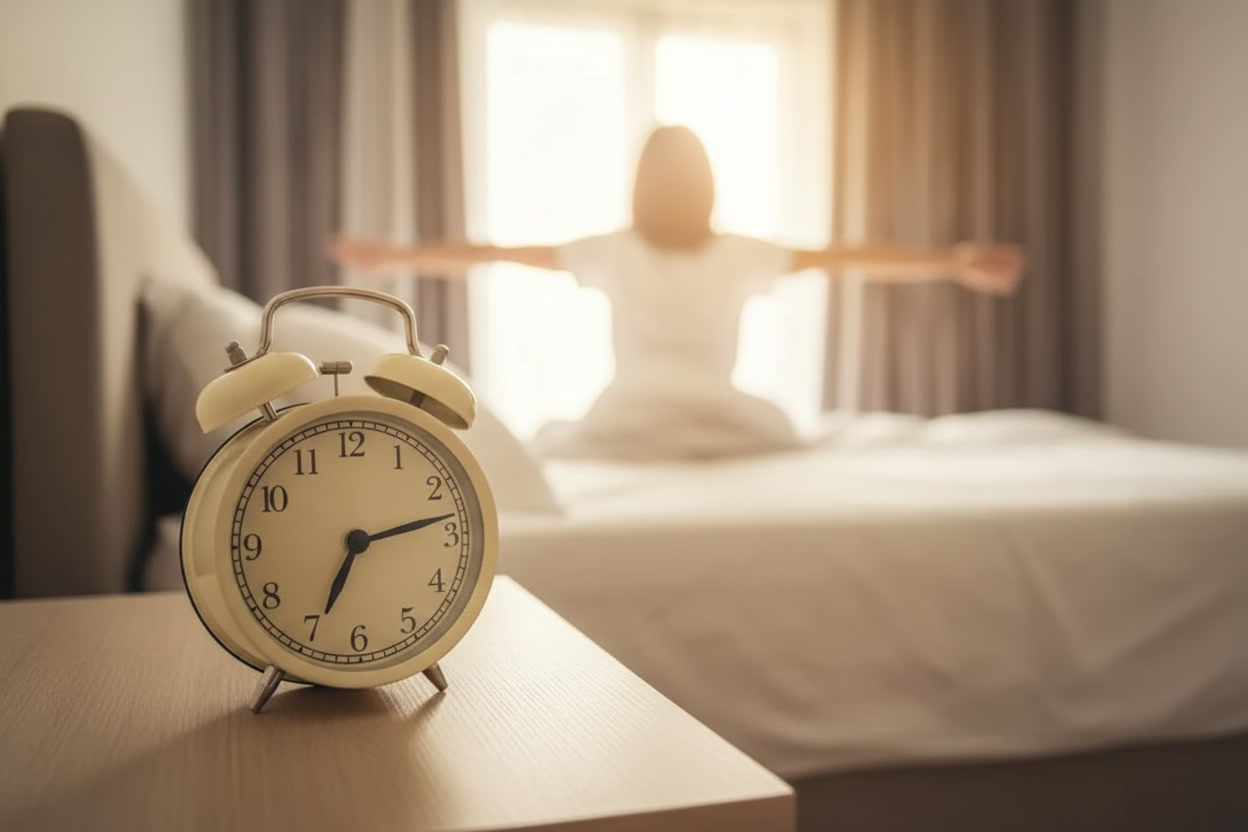 Despertador y una persona despertándose, como imagen de la vuelta a la rutina de septiembre en un artículo sobre estrés y digestión.